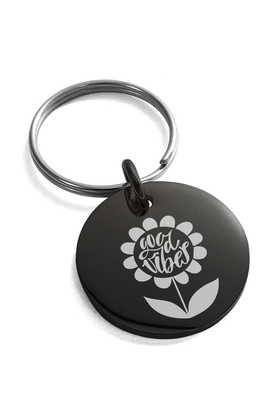 Stainless Steel Good Vibes Sunflower Engraved Small Medallion Circle Charm Keychain Keyring