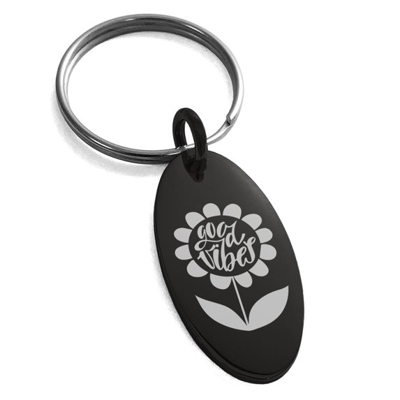 Stainless Steel Good Vibes Sunflower Engraved Small Oval Charm Keychain Keyring