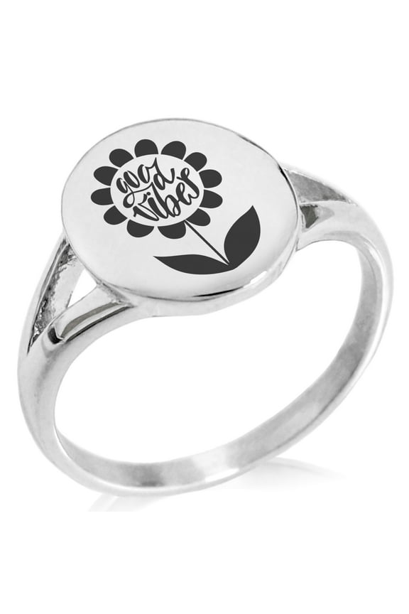 Stainless Steel Good Vibes Sunflower Minimalist Oval Top Polished Statement Ring