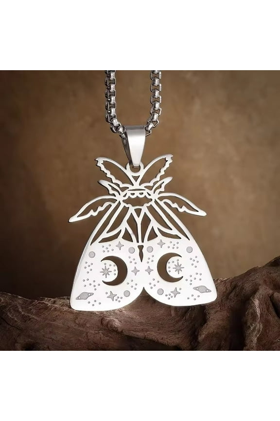 Stainless Steel Gothic Crescent Skull Moth Pendant Necklace Suitable For Men And Women Personalized Punk Jewelry Findings Halloween Findingss Fashion Trendy Accessories Creative Gift