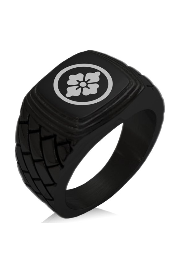 Stainless Steel Goto Samurai Crest Geometric Pattern Step-Down Biker Style Polished Ring