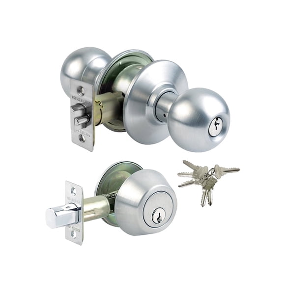 Stainless Steel Grade 3 Combo Lock Set with Entry Door Knob and Deadbolt With 6 SC1 Keys - Boxed Keyed Alike