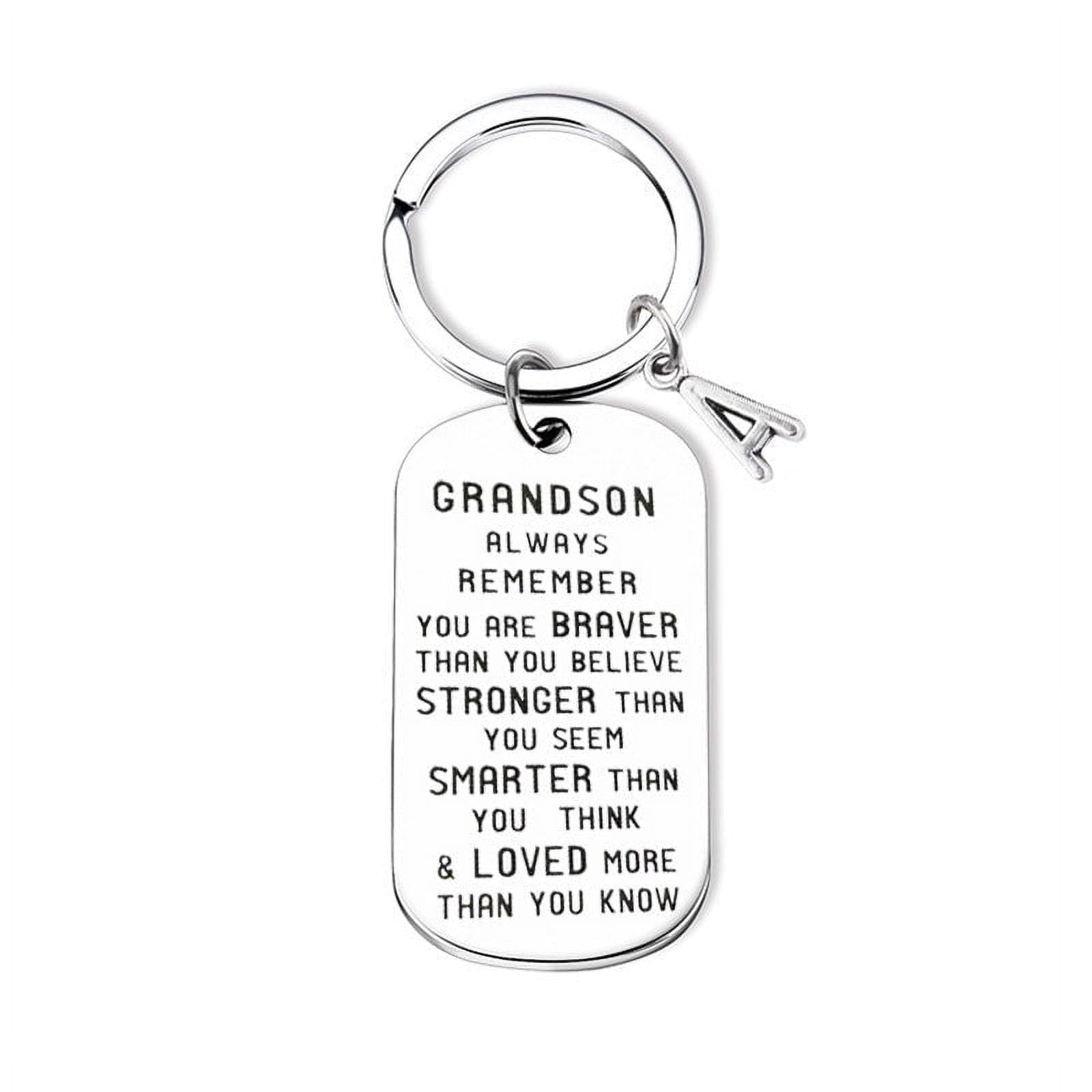 Stainless Steel Grandchild Keychain Key Ring Pendant Initial A-Z for Grandson or Granddaughter