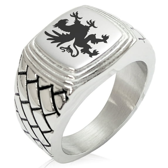 Stainless Steel Grandiose Griffin Geometric Pattern Step-Down Biker Style Polished Ring