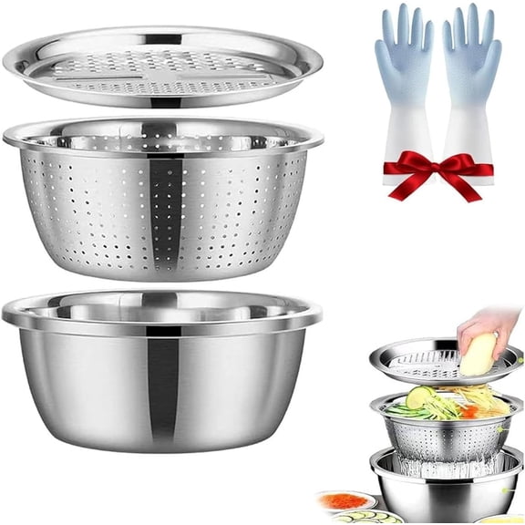 Stainless Steel Grater with Drain Basket, Grating and Slicing Bowl, 3 in 1 Vegetable Cutter with Drain Basket, For Vegetables Fruits,Rice Rinser Food Graters (30cm/11.81in)