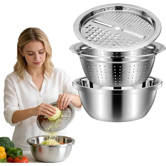 Stainless Steel Grater With Drain Basket, Grating And Slicing Bowl, Germany Multifunctional Stainless Steel Shredding & Drainage Chopping Basin (11")