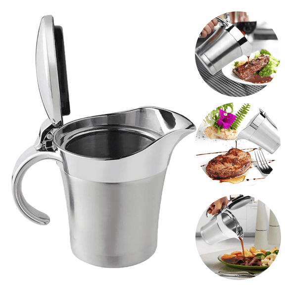 Stainless Steel Gravy Boat Sauce Jug with Hinged Lid,Dingrich Double Wall Insulated,Steak Sauce Pot Water Pitcher Storage for Jams,Gravy,Cream,Sauce,Salad Dressing,16oz/450ml