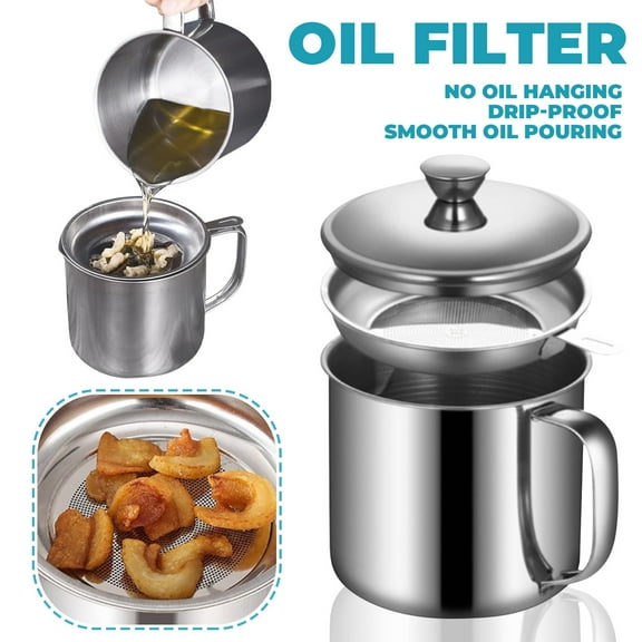 Stainless Steel Grease Strainer and Container With Strainer- Oil Storage Pot Grease with Dust-Proof Lid & Easy Grip Handle -Filter Oil Container for, Kitchen Cooking or Frying Oil