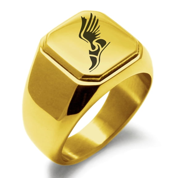 Stainless Steel Greek Messenger of Gods Engraved Square Flat Top Biker Style Polished Signet Ring