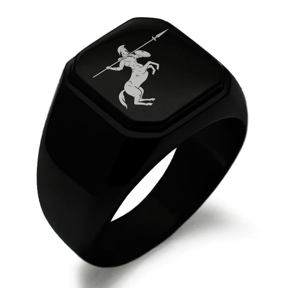 Stainless Steel Greek Mythology Centaur Engraved Square Flat Top Biker Style Polished Signet Ring