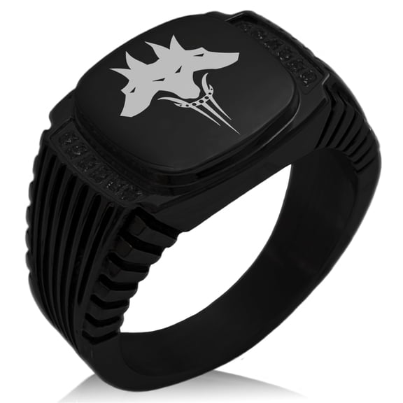 Stainless Steel Greek Mythology Cerberus CZ Ribbed Needle Stripe Pattern Biker Style Polished Ring