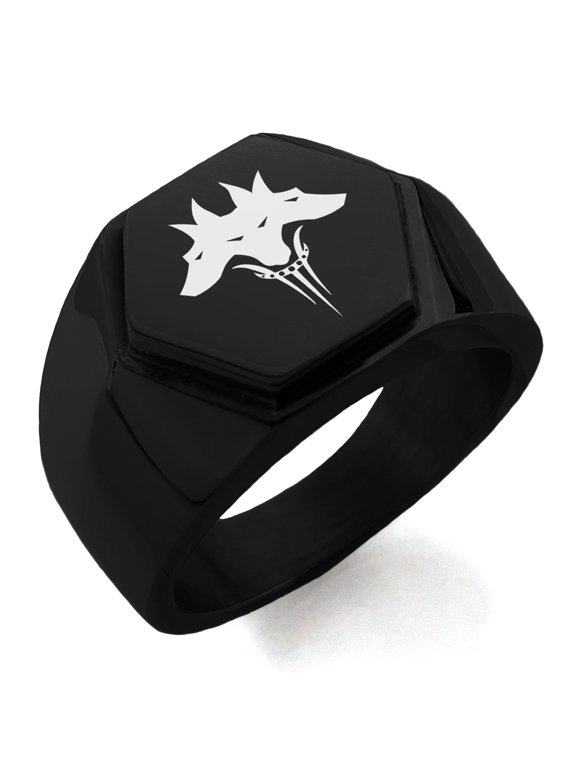 Stainless Steel Greek Mythology Cerberus Engraved Hexagon Crest Flat Top Biker Style Polished Ring
