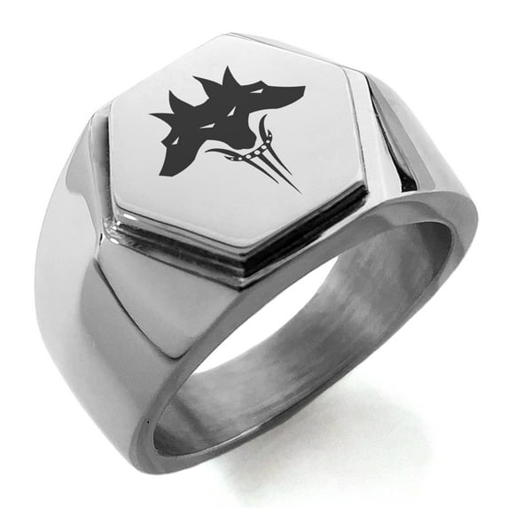 Stainless Steel Greek Mythology Cerberus Engraved Hexagon Crest Flat Top Biker Style Polished Ring