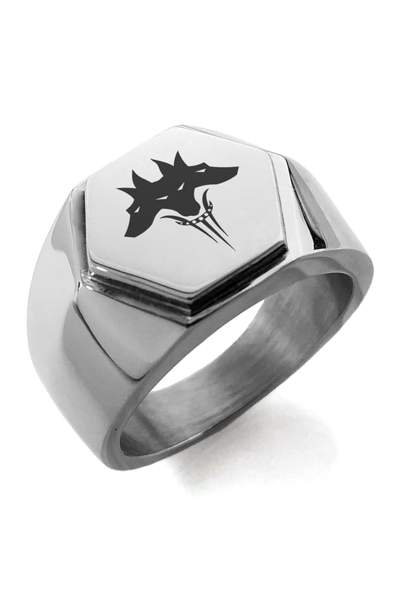 Stainless Steel Greek Mythology Cerberus Engraved Hexagon Crest Flat Top Biker Style Polished Ring
