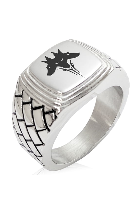 Stainless Steel Greek Mythology Cerberus Geometric Pattern Step-Down Biker Style Polished Ring