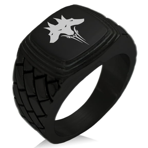 Stainless Steel Greek Mythology Cerberus Geometric Pattern Step-Down Biker Style Polished Ring