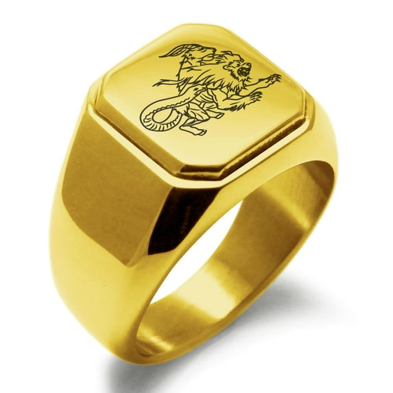 Tioneer Stainless Steel Greek Mythology Chimera Engraved Square Flat Top Biker Style Polished Signet Ring