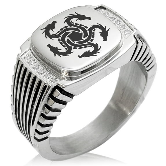 Stainless Steel Greek Mythology Hydra CZ Ribbed Needle Stripe Pattern Biker Style Polished Ring