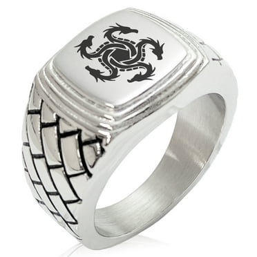 Tioneer Stainless Steel Greek Mythology Hydra Geometric Pattern Step-Down Biker Style Polished Ring