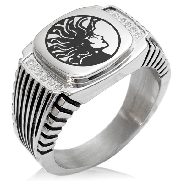 Stainless Steel Greek Mythology Medusa CZ Ribbed Needle Stripe Pattern Biker Style Polished Ring