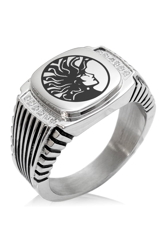 Stainless Steel Greek Mythology Medusa CZ Ribbed Needle Stripe Pattern Biker Style Polished Ring