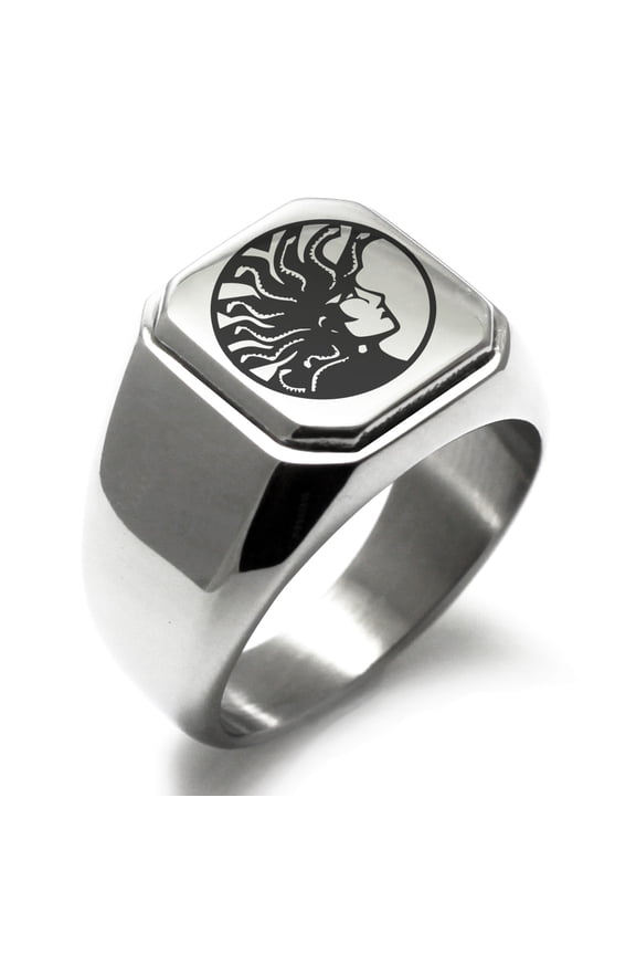 Stainless Steel Greek Mythology Medusa Engraved Square Flat Top Biker Style Polished Signet Ring