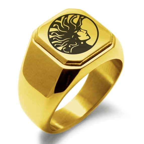 Tioneer Stainless Steel Greek Mythology Medusa Engraved Square Flat Top Biker Style Polished Signet Ring