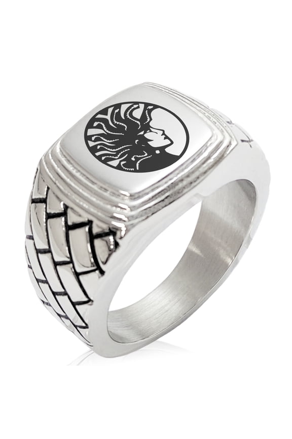 Stainless Steel Greek Mythology Medusa Geometric Pattern Step-Down Biker Style Polished Ring