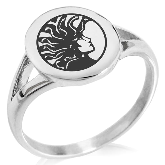 Stainless Steel Greek Mythology Medusa Minimalist Oval Top Polished Statement Signet Ring