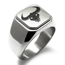 Tioneer Stainless Steel Greek Mythology Minotaur Engraved Square Flat Top Biker Style Polished Signet Ring
