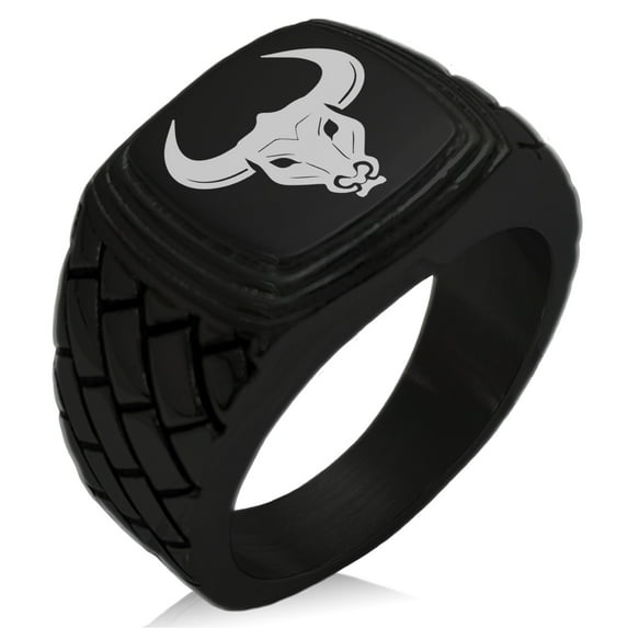 Stainless Steel Greek Mythology Minotaur Geometric Pattern Step-Down Biker Style Polished Ring