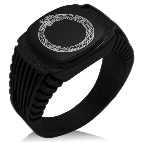 Stainless Steel Greek Mythology Ouroboros CZ Ribbed Needle Stripe Pattern Biker Style Polished Ring