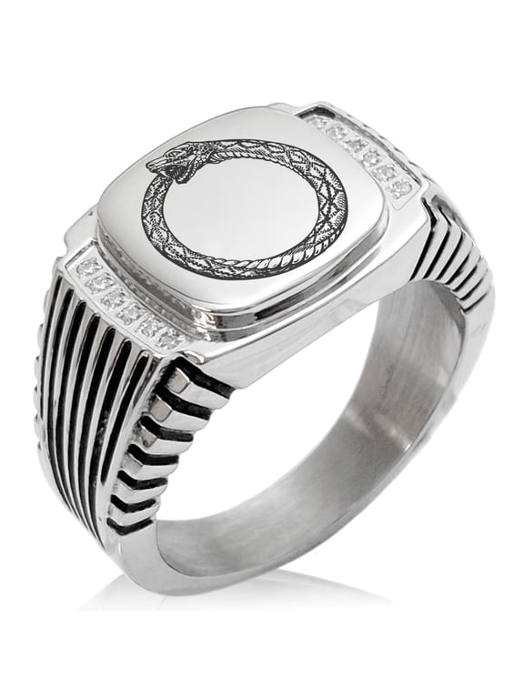 Stainless Steel Greek Mythology Ouroboros CZ Ribbed Needle Stripe Pattern Biker Style Polished Ring