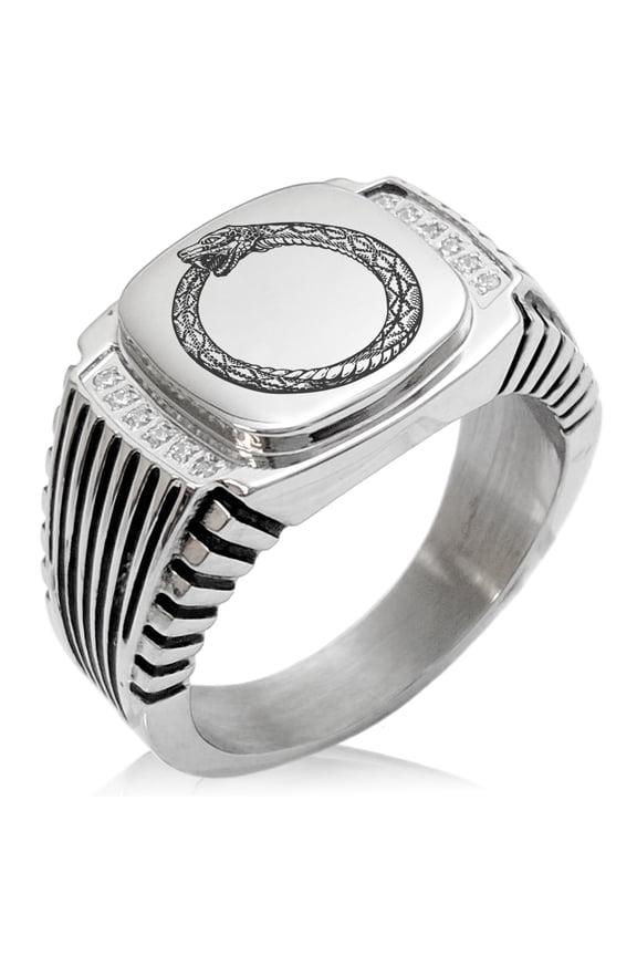 Stainless Steel Greek Mythology Ouroboros CZ Ribbed Needle Stripe Pattern Biker Style Polished Ring