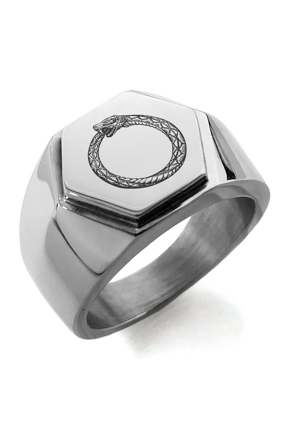 Stainless Steel Greek Mythology Ouroboros Engraved Hexagon Crest Flat Top Biker Style Polished Ring