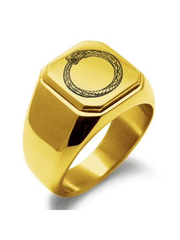 Stainless Steel Greek Mythology Ouroboros Engraved Square Flat Top Biker Style Polished Signet Ring