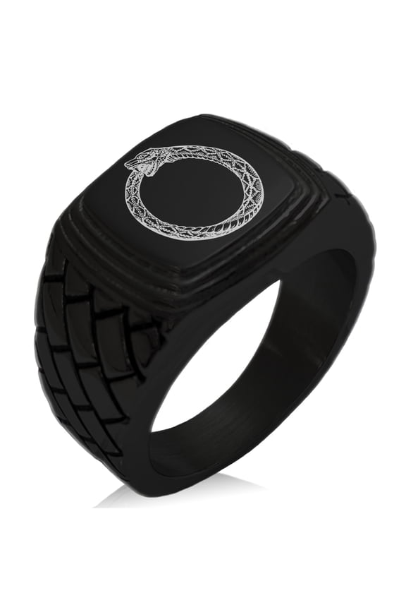 Stainless Steel Greek Mythology Ouroboros Geometric Pattern Step-Down Biker Style Polished Ring