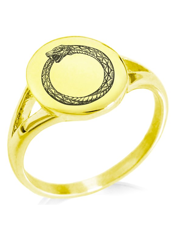 Stainless Steel Greek Mythology Ouroboros Minimalist Oval Top Polished Statement Signet Ring