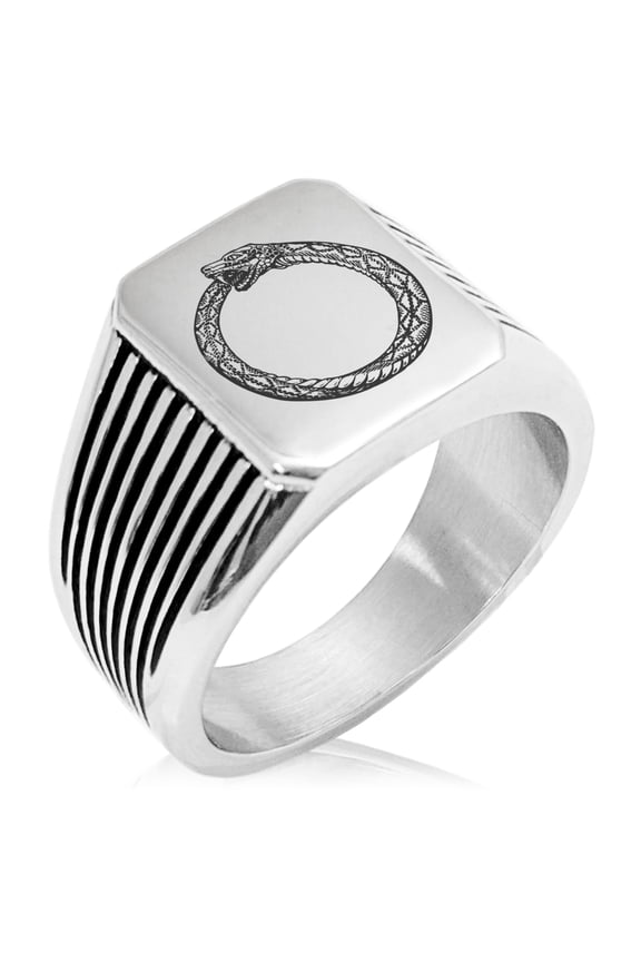Stainless Steel Greek Mythology Ouroboros Needle Stripe Pattern Biker Style Polished Ring