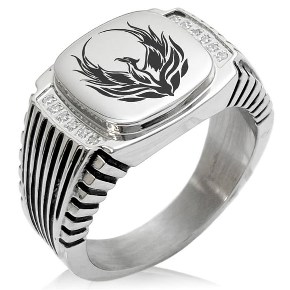 Tioneer Stainless Steel Greek Mythology Phoenix CZ Ribbed Needle Stripe Pattern Biker Style Polished Ring