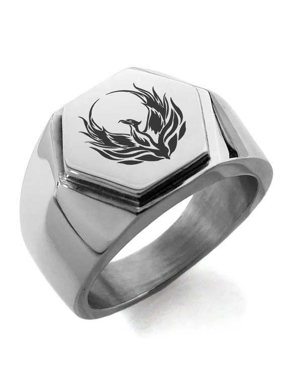 Stainless Steel Greek Mythology Phoenix Engraved Hexagon Crest Flat Top Biker Style Polished Ring