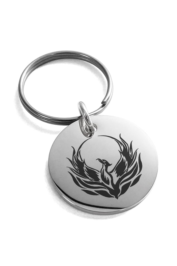 Stainless Steel Greek Mythology Phoenix Engraved Small Medallion Circle Charm Keychain Keyring