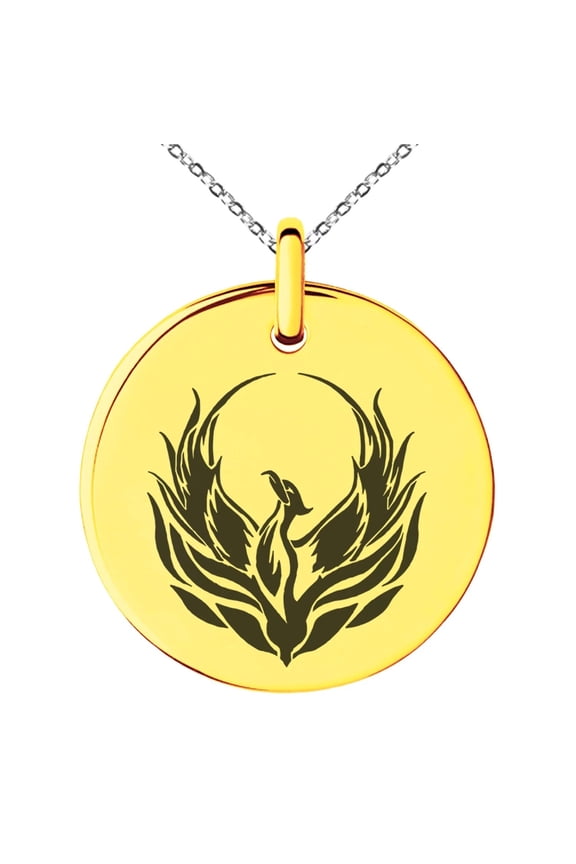 Stainless Steel Greek Mythology Phoenix Engraved Adult Small Medallion Circle Charm CZ Unisex Pendant