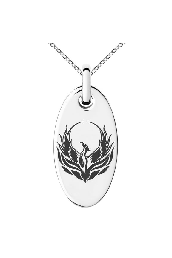 Stainless Steel Greek Mythology Phoenix Engraved Small Oval Charm Pendant Necklace