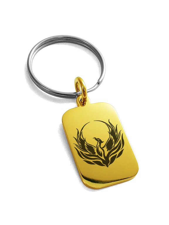 Stainless Steel Greek Mythology Phoenix Engraved Small Rectangle Dog Tag Charm Keychain Keyring Celtic