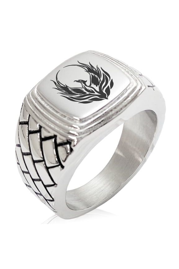 Stainless Steel Greek Mythology Phoenix Geometric Pattern Step-Down Biker Style Polished Ring