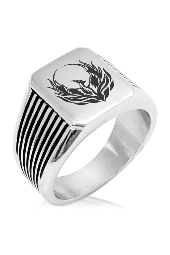 Stainless Steel Greek Mythology Phoenix Needle Stripe Pattern Biker Style Polished Ring