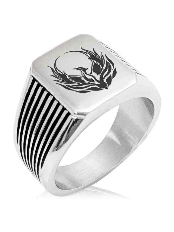 Stainless Steel Greek Mythology Phoenix Needle Stripe Pattern Biker Style Polished Ring