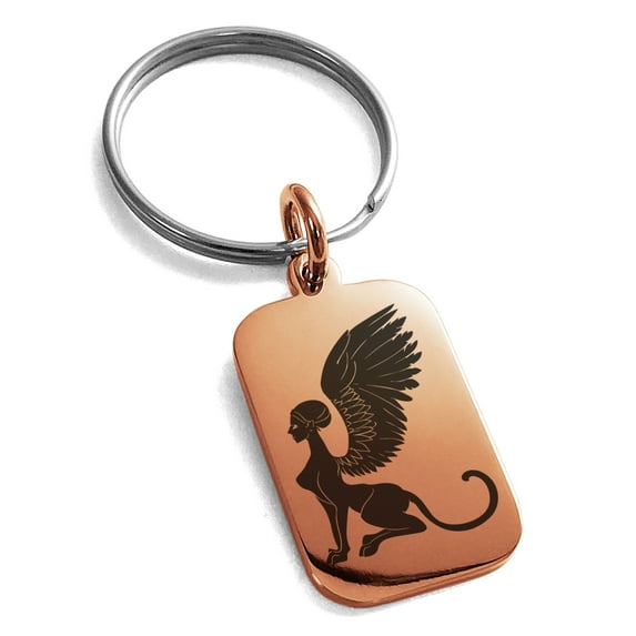 Stainless Steel Greek Mythology Shpinx Engraved Small Rectangle Dog Tag Charm Keychain Keyring