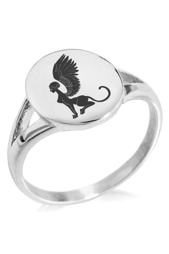 Stainless Steel Greek Mythology Shpinx Minimalist Oval Top Polished Statement Signet Ring